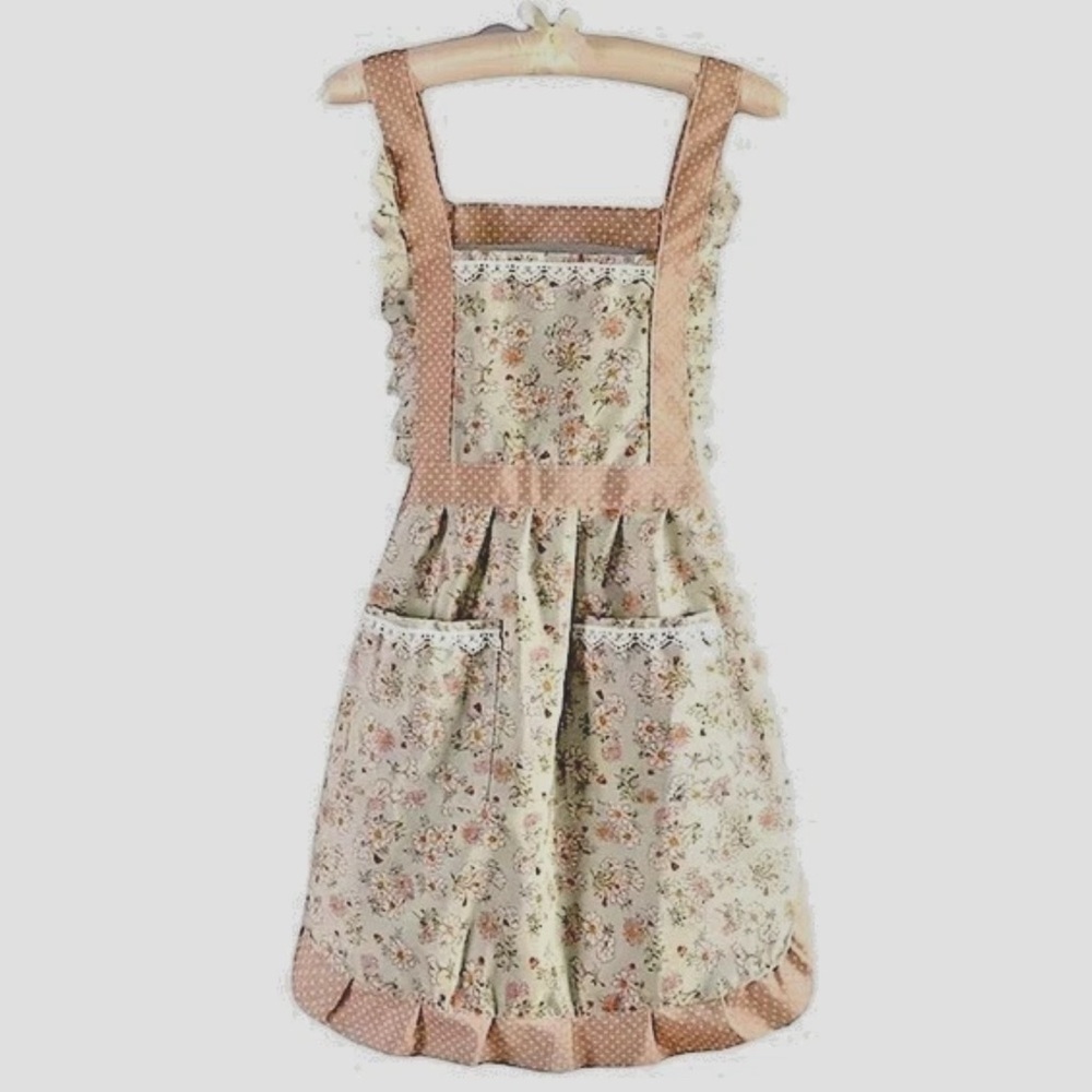 Apron Bib Waist Ties Retro Style Pockets Green Floral Tan Polka Dot Ruffle Trim